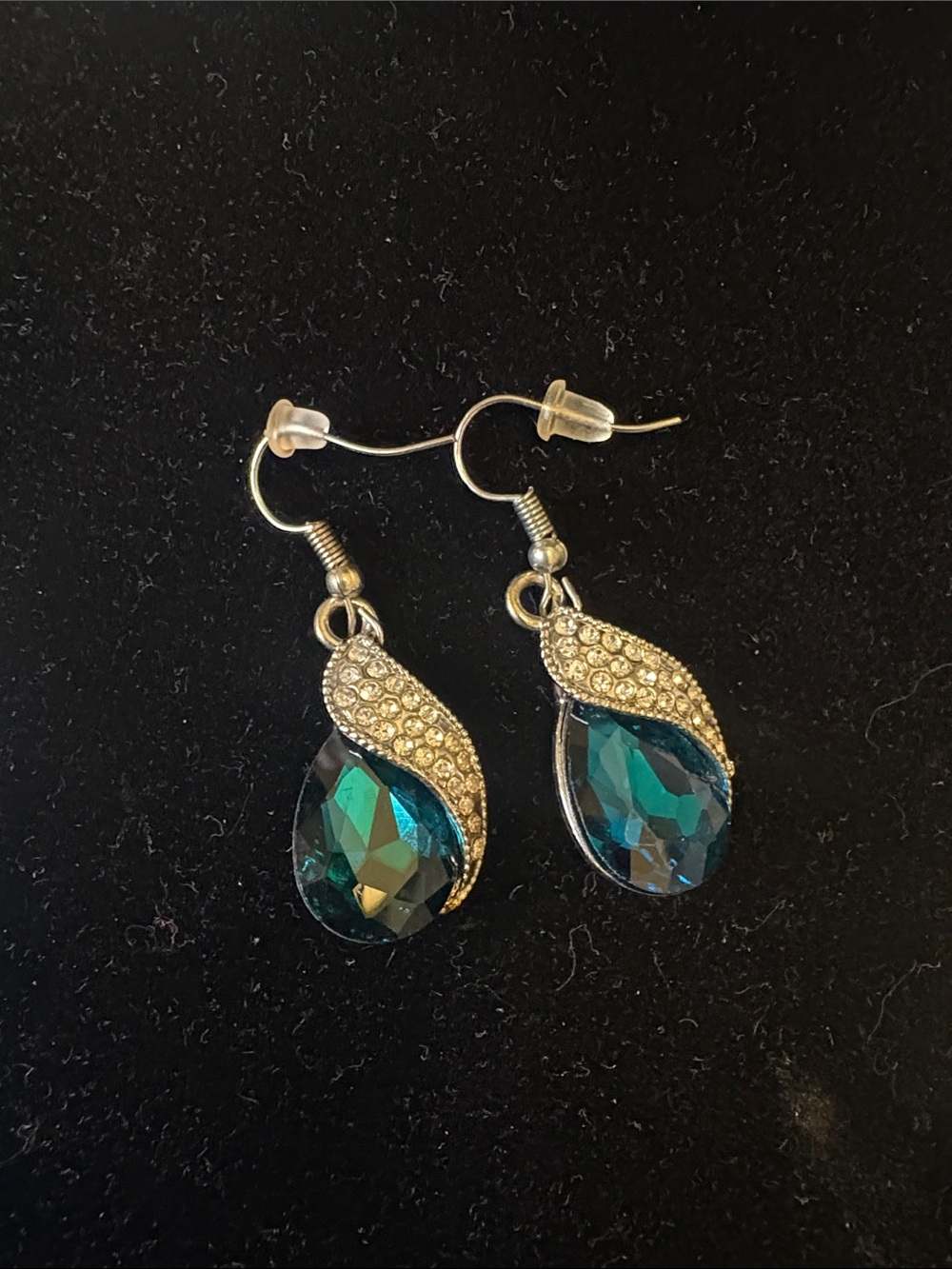 Teal Crystal Teardrop Dangle Earrings with Rhinestone Accents